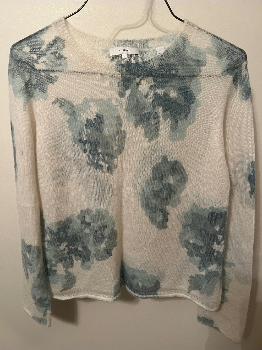 Vince Cream Crewneck Sweater with Soft Blue Floral Print and blue tank top